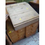 VINTAGE STRIPPED PINE WRITING SLOPE together with two vintage oak three-drawer cabinets