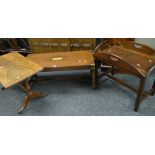 MAHOGANY BRASS MOUNTED LONG JOHN COFFEE TABLE together with a reproduction mahogany coffee table