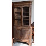 ANTIQUE OAK STANDING CORNER CUPBOARD with two-door glazed top and two-door cupboard base