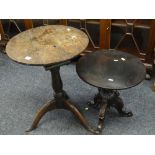 ANTIQUE OAK WINE TABLE with bird cage mechanism on tripod feet, together with a smaller ornate