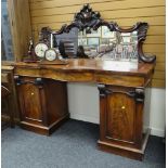 GOOD ANTIQUE MAHOGANY MIRROR BACKED BOW FRONT SIDEBOARD, two cupboard base and three drawers and