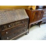 CARVED DARK OAK DROP DOWN BUREAU together with reproduction mahogany effect drinks / cocktail