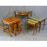 A HALF MOON HALL TABLE on reeded and tapered supports, similar leather tool top nest of three and