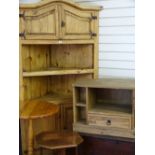 A REPRODUCTION PINE DOME TOP CORNER CUPBOARD with twin top doors, centre shelves over two base