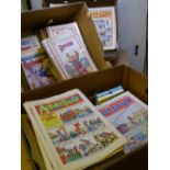 A LARGE COLLECTION OF VINTAGE COMICS in three boxes, titles include - Wizard, Adventure, Hotspur,