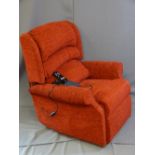 A RED CHENILE ELECTRIC RECLINING ARM CHAIR E/T