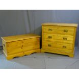 A LIGHT WOOD THREE DRAWER BEDROOM CHEST and similar blanket box
