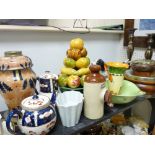 A VICTORIAN POTTERY OIL LAMP BASE, a Myott Art Deco jug, an EP mounted oak biscuit barrel and