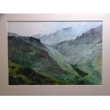 DAVID GROSVENOR watercolour - Llanberis Pass with low cloud, signed, 34 x 50cms