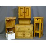 A PARCEL OF PINE ITEMS including single drawer with two base cupboard occasional table, ornate