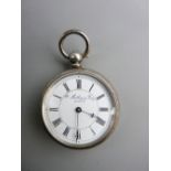 A SILVER ENCASED LADY'S FOB WATCH with white enamel dial and Roman numerals, marked 'Mathey,