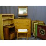FOUR VINTAGE FIRE SCREENS, two lightwood book cases, a wall hung toilet mirror with locker, a