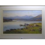 WARREN WILLIAMS ARCA watercolour - Caernarfonshire coastal scene with boats and cottage on the