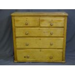 A PINE TWO OVER THREE DRAWER CHEST - 120cms width, 51cms depth, 112cms height
