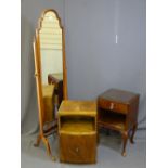 A POLISHED WOOD AND SHAPED CHEVAL MIRROR along with two vintage bedside cabinets