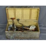 A VINTAGE CAMPHORWOOD BOX with quantity of tools