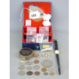 A SMALL PARCEL OF COLLECTABLE COINAGE AND JEWELLERY, a Pulsar lady's wrist watch, a vintage stud box