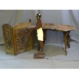 A CARVED WOOD PAINTED DOOR WAITER along with an Anglo Indian lotus table and fire screen