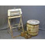 A VINTAGE BUTTER CHURN BARREL, a vintage Webb mangle and two 56lb metal weights