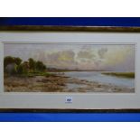 UNSIGNED watercolour - estuary with windmill to the background and sailing boat, 22 x 59cms