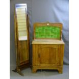 A TILED BACK SINGLE DOOR WASH STAND along with a bevel edged cheval mirror