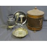 A VINTAGE COAL BUCKET, a small parcel of electroplate including spirit kettle, trays ETC