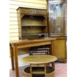 A MAHOGANY TOPPED TABLE with square legs, inlaid two shelf hall table, standing corner cupboard with