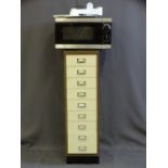 A MODERN SLIM MULTI DRAWER METAL TWO TONE FILING DRAWERS and a black finished microwave ETC, E/T