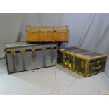 A PARCEL OF THREE VINTAGE BANDED TRAVEL TRUNKS