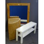 A LARGE PINE FRAMED MIRROR, corner woven storage basket and white Ikea two tier occasional table