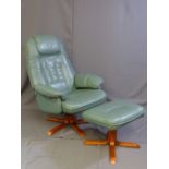 A STRESSLESS TYPE GREEN RECLINING CHAIR AND FOOT STOOL