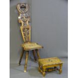 A CARVED SPINNING CHAIR and similar carved foot stool