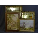 A LARGE ORNATE FRAMED BEVEL EDGED RECTANGULAR MIRROR and one other, framed tapestry along with an