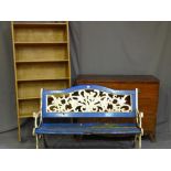A SLATTED GARDEN BENCH WITH CAST ENDS, 126cms long, vintage open pine bookcase - 77cms width x