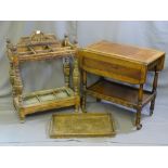 AN OAK CARVED SIX SECTION HALL STAND WITH DRIP TRAY along with a single wooden tray and drop flap
