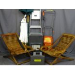 A PARCEL OF GARDEN ITEMS COMPRISING TWO WOODEN CHAIRS, parasols, aluminium step ladder, calor gas