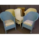FOUR LLOYD LOOM LUSTY BEDROOM ARM CHAIRS (two blue, two cream), a lusty bedside cabinet and an odd