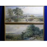 INDISTINCTLY SIGNED watercolours, a pair - figures and castle on farmland, 25 x 57cms