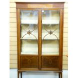 AN EDWARDIAN INLAID MAHOGANY TWO DOOR DISPLAY CABINET with fabric covered interior shelving on