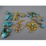 A GOOD COLLECTION OF 9CT GOLD AND OTHER METAL TURQUOISE SET JEWELLERY, some with seed pearls