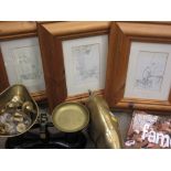 A A MILNE'S WINNIE THE POOH - three framed prints, an ornamental brass pig, 35cms length and a set