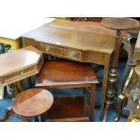 A POLISHED SIDE TABLE with break front drawer, a half moon hall table, two corner tables, a two tier