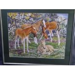 CHARLES FREDERICK TUNICLIFFE charming coloured print depicting four horse foals before a stone built