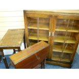 A VINTAGE GLAZED FRONT TWO DOOR OAK BOOKCASE, Mahogany Sutherland and a rectangular top oak side