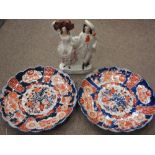 A GOOD SIZED PAIR OF IMARI CHARGERS, 36cms diameter and a Staffordshire flat back