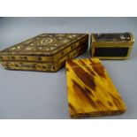 A RARE DOME TOP AGATE AND GILT METAL MOUNTED BOX, a tortoise shell card case and an inlaid diamond