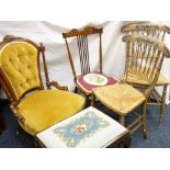SELECTION OF CHAIRS, an Edwardian walnut neat lady's elbow chair, a stained and polished spindle