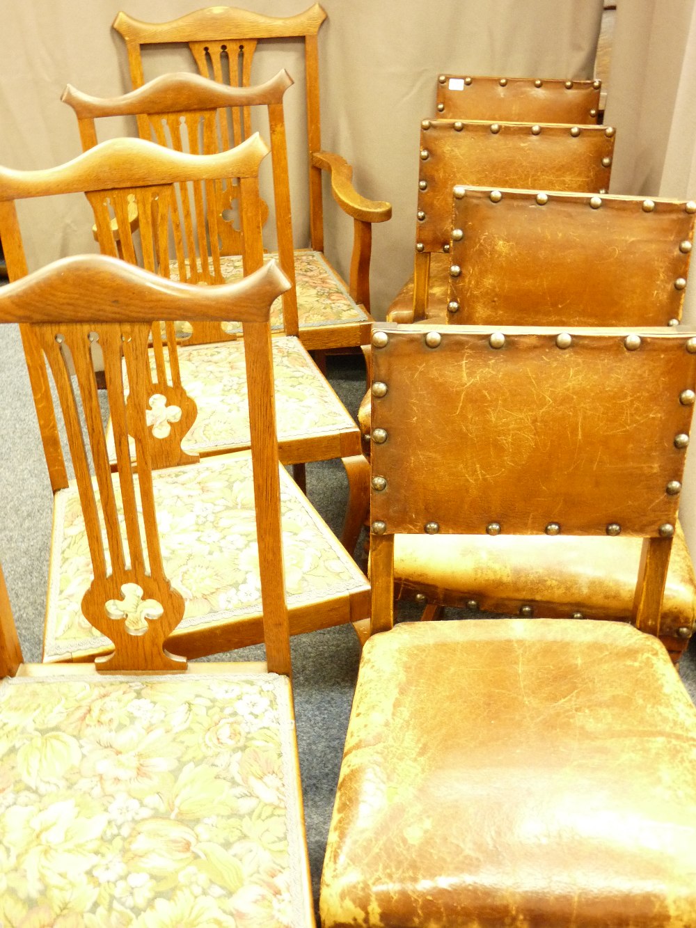 TWO SETS OF VINTAGE OAK DINING CHAIRS including a (3 + 1) set, high back with pierced central