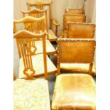 TWO SETS OF VINTAGE OAK DINING CHAIRS including a (3 + 1) set, high back with pierced central