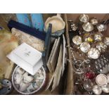 A BOX OF ASSORTED CHINA AND GLASSWARE including Goss, boxed Worcester plates, a pair of milk glass